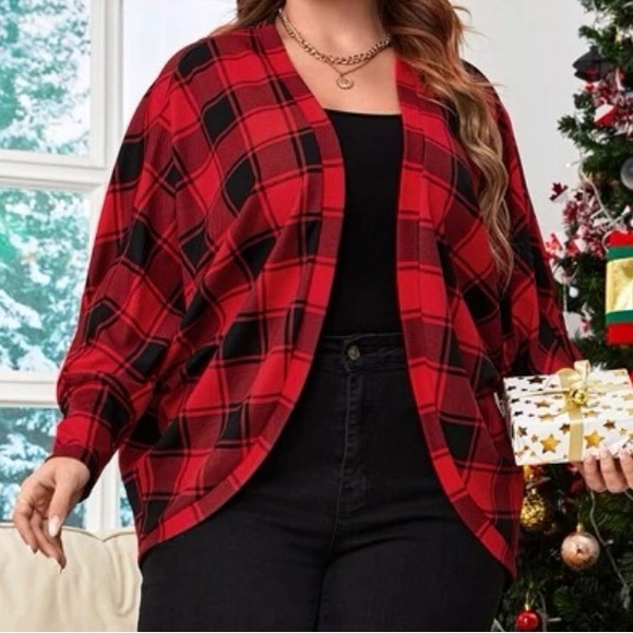Plaid Print Batwing Sleeve Open Front Coat - Picture 1 of 6